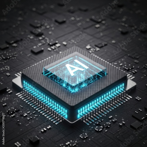 Glowing Ai Microchip Resting on Dark Circuit Board with Futuristic Blue Light