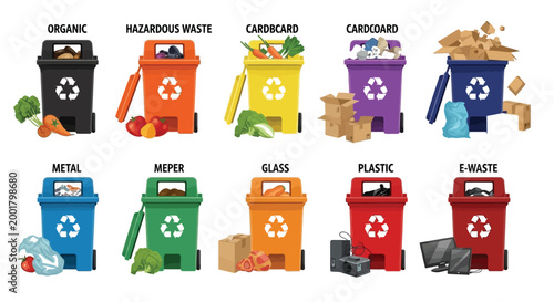 Vibrant set of colorful recycling bins featuring categorized waste types such as organic paper glass plastic and hazardous materials depicted in this professional vector graphic illustration collectio
