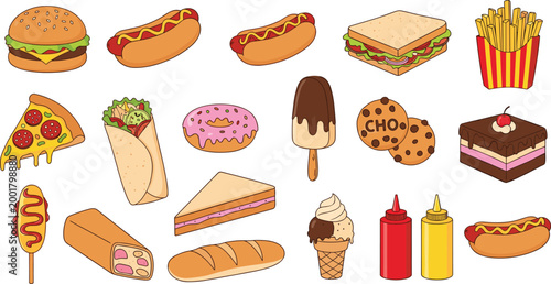 Fast Food and Dessert Icons Set with Burger Hotdog Sandwich Fries Pizza Donut Ice Cream Cake Cookies Sauces and Street Snacks Illustration.