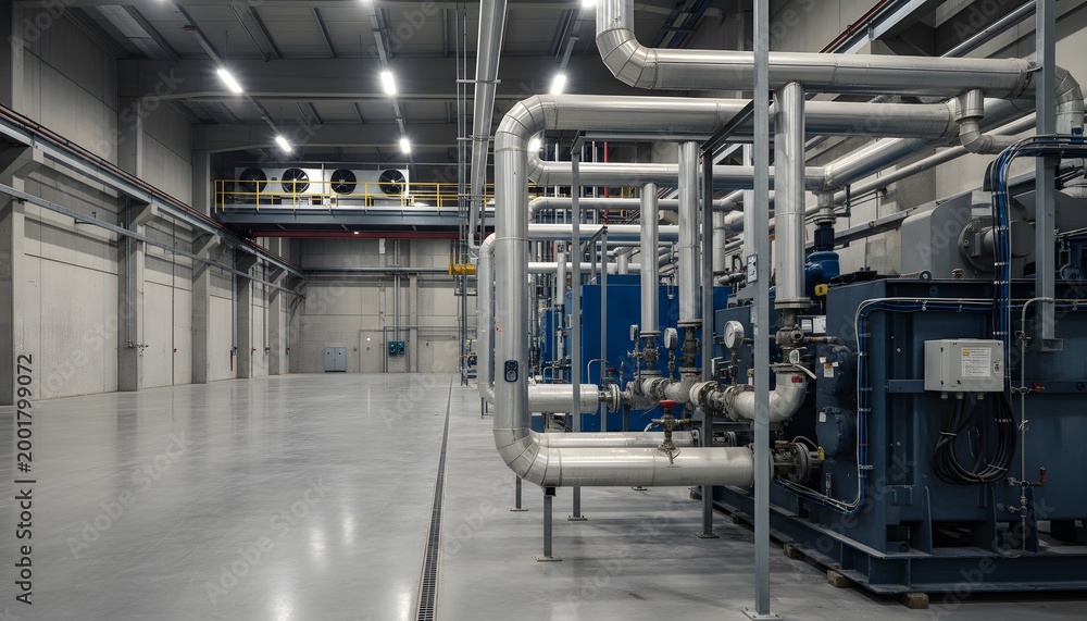 Obraz premium Large scale industrial refrigeration system with insulated pipelines and cooling machinery in modern processing facility