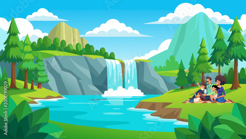 waterfall in the mountains, cartoon, illustration, boy, vector, children, child, family, kids, people, woman, tree, park, summer, dog, kid, beach, grass, sky, walking, nature, mother, water, green