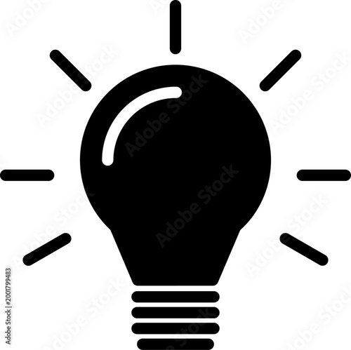 Light bulb icon in solid black flat style. Idea, innovation, and creative solution concept vector illustration. Glowing lightbulb symbol isolated on white for business and infographic design.