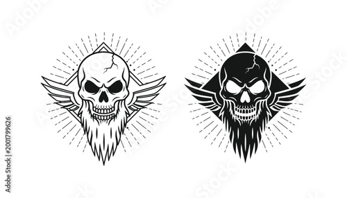 Menacing skull with beard and wings in minimalist line art and solid black silhouette styles for edgy apparel or biker branding