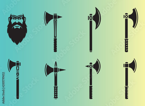 Collection of viking battle axes and bearded warrior illustration isolated design