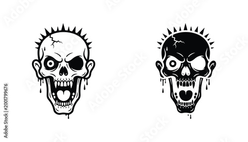 Fearsome zombie head with dripping mouth and spiky crown black and white illustration