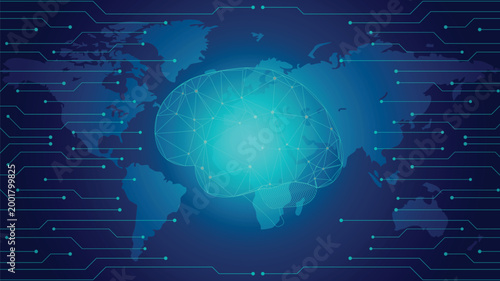 Artificial intelligence brain over global map with digital network technology background