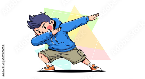 Photos Young boy doing the dab dance move, cartoon style, white background