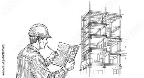 Construction worker reviewing blueprints on site.
