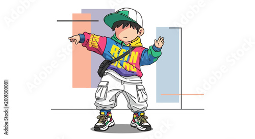 Young boy dancing in colorful streetwear, hip hop style, cartoon illustration
