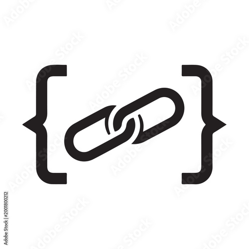 Minimalist black chain link icon inside curly braces vector illustration isolated on white background