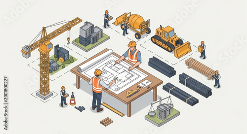 Construction workers building with blocks.