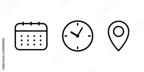 Date, time, location address icon set. Clock, calendar and location icon. Useful date and address details for navigation symbol. Vector illustration