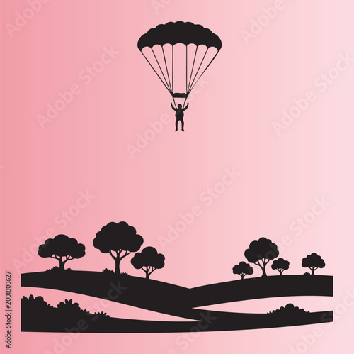 Silhouette of parachuting adventurer descending over scenic hilly landscape at sunset