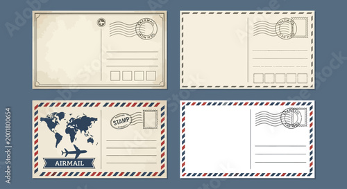 UntitVintage postcard and envelope collection, retro mail templates, travel correspondence design, classic postal stationery setled