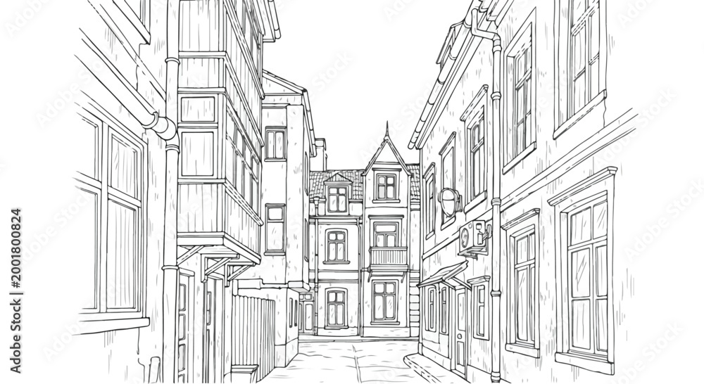 Obraz premium Hand Drawn Vector Illustration of European City Street Architecture