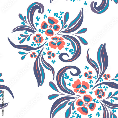 Seamless modern folk floral pattern with hand-drawn botanical elements in coral and teal. Elegant half-drop repeat ornament for textile, wallpaper, home decor, and digital paper backgrounds.