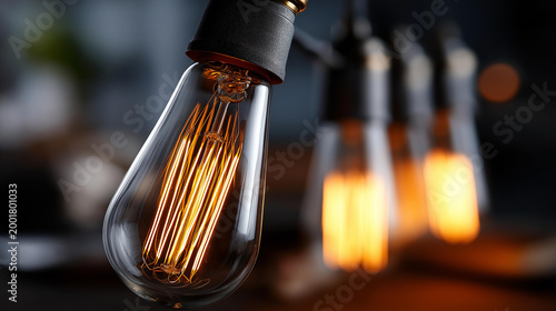A close up of warm glowing vintage style edison LED filament bulbs with decorative filaments, no people, edison style, warm filament, vintage bulb, close up, glowing bulb, retro design, warm