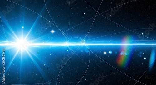 A bright light beam shines through a dark space with stars and lens flares.