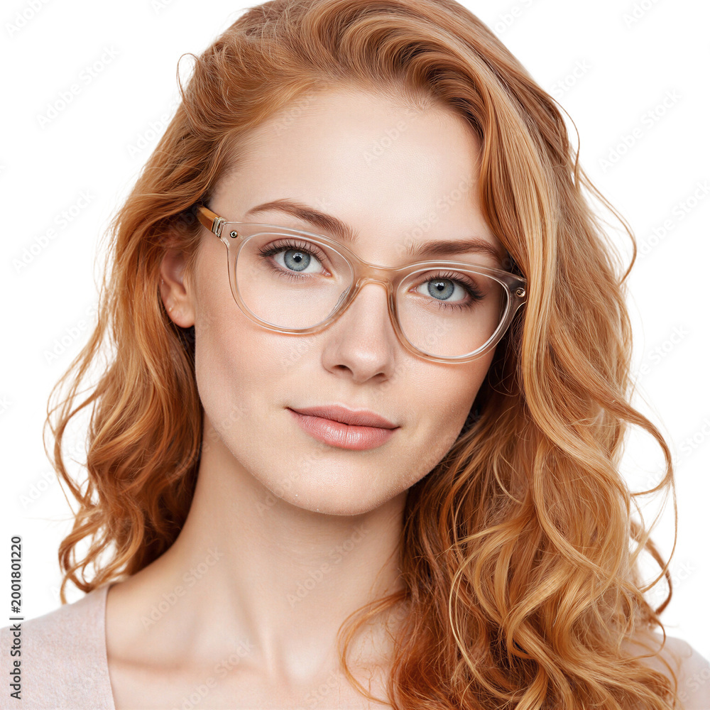 Obraz premium Woman glasses portrait of a beautiful redhead with wavy hair cut out on a transparent background for vision and style