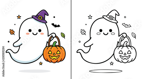 Halloween Cute Ghost with Pumpkin Lantern for Coloring Page Fun
