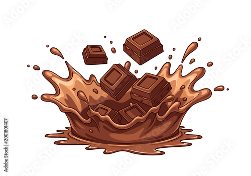 Dynamic Chocolate Splash with Falling Cocoa Cubes Professional Vector Illustration for Confectionery Branding