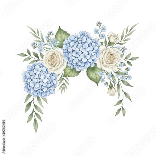Beautiful floral arrangement with blue hydrangeas and white roses isolated on transparent background