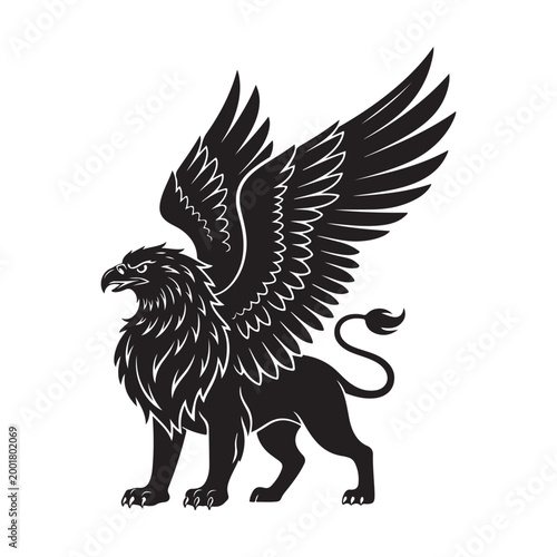 Fényképezés Black griffin silhouette mythological creature vector illustration isolated on w