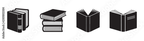 Set of black book vector icons showing stack and open volumes for academic learning or library management systems.
