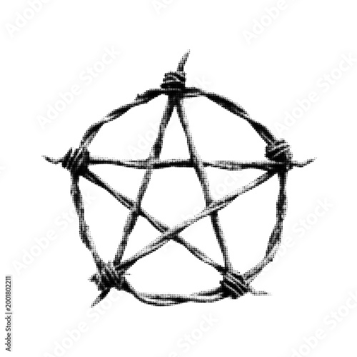 Halftone anarchy symbol with barbed wire in black, dotted circle and A sign on light background, minimal graphic illustration, rebellion and protest concept.