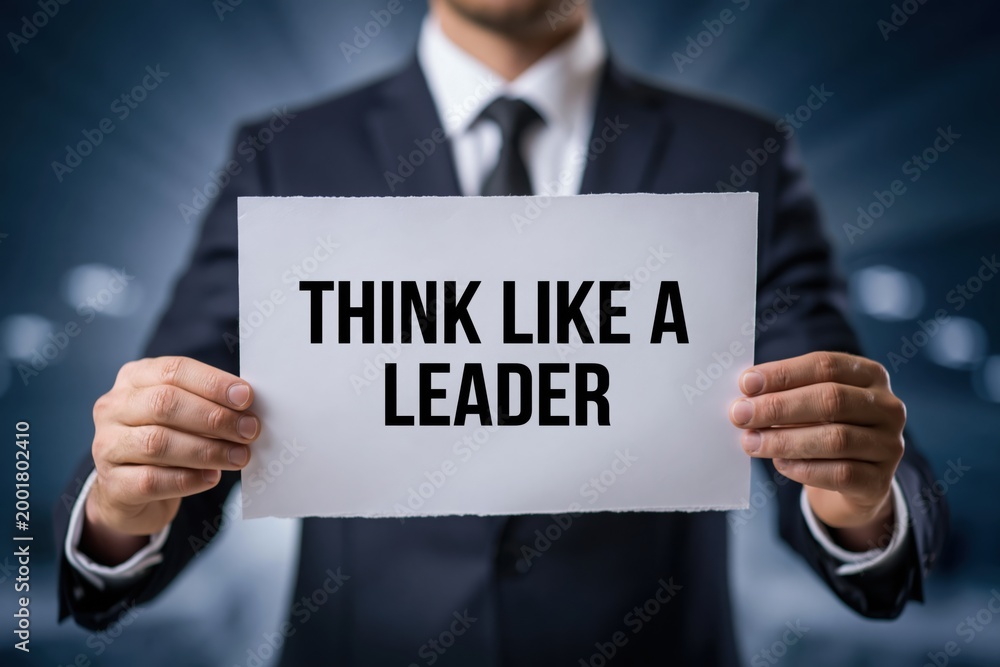 Obraz premium A man in a suit holding a sign to THINK LIKE A LEADER