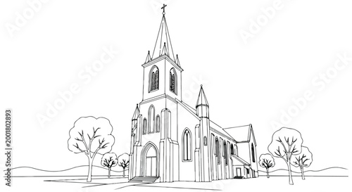Gothic Church Architecture Vector Illustration Line Art Drawing