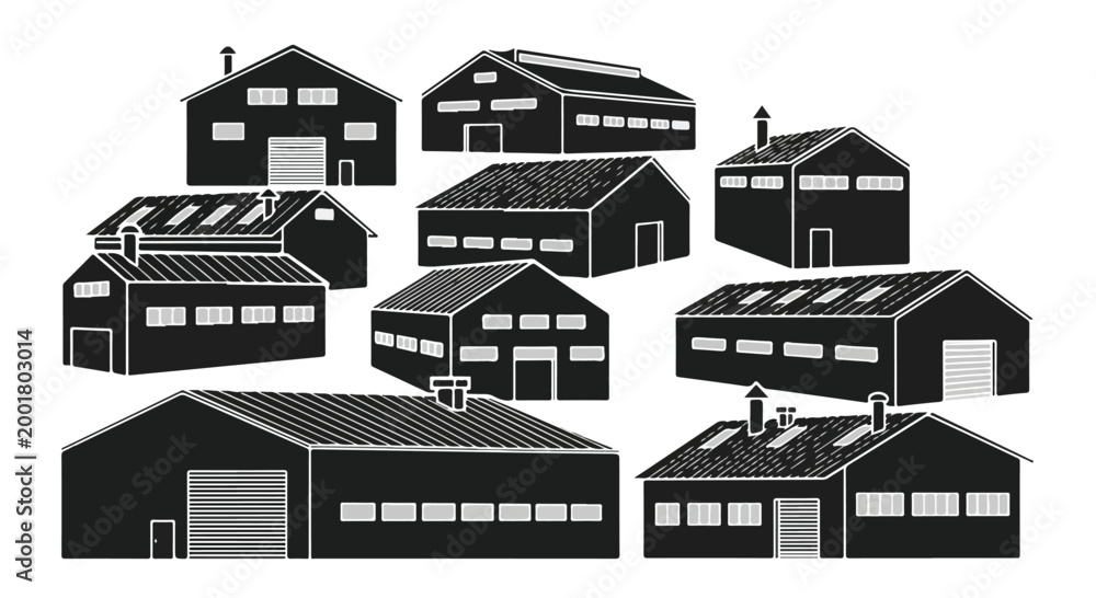 Obraz premium Industrial warehouse building silhouette vector illustration set