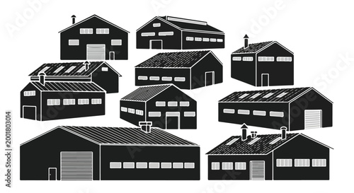 Industrial warehouse building silhouette vector illustration set