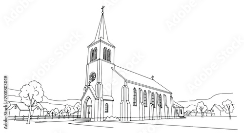 Vector illustration of a rural church line art in a village scenery.