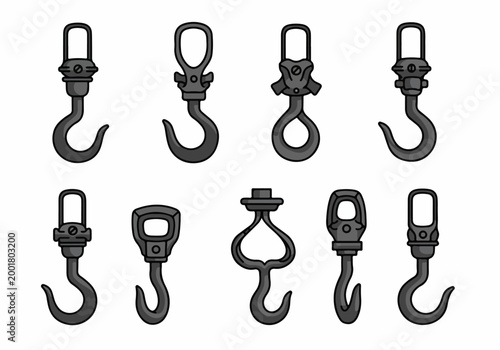 Slika na platnu Collection of Nine Industrial Lifting Hook Icons in Black Line Art Style Isolate