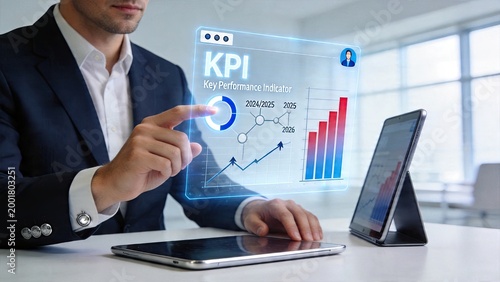 Businessman interacting with holographic KPI Key Performance Indicator dashboard in modern office futuristic technology interface data analytics charts