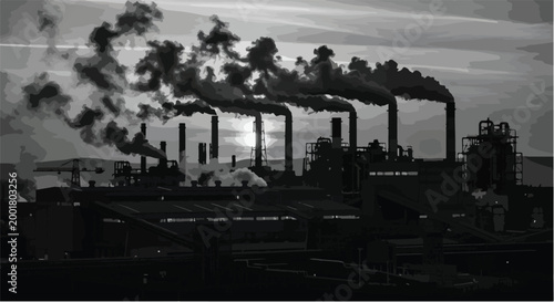 Industrial factory sunset smoke illustration vector monochrome scene