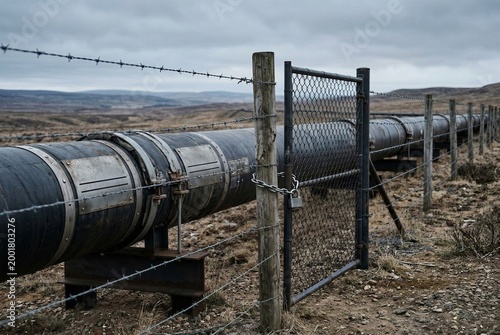A perspective view of a barbed wire fence parallel to a massive crude oil pipeline in a remote unpopulated area, depicting infrastructure security. Commercial and editorial.