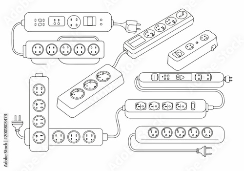 Black and white line art collection of various electrical power strips and extension cord outlets, technical illustration of power distribution equipment for coloring.