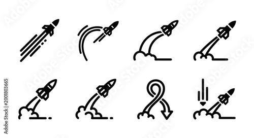 Stylized Rocket Launch Trajectory Icon Set.