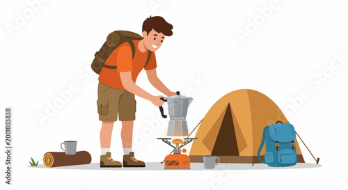 A happy young man preparing coffee with a moka pot on a portable camping stove next to his tent in the wilderness illustration.