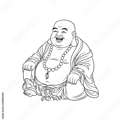 Laughing Buddha Budai sitting and smiling black and white line art illustration isolated on white background