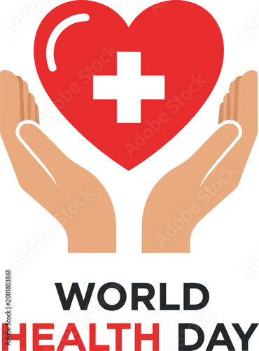 World Health Day vector illustration, a symbolic red heart with a white cross held by caring hands, promoting global health awareness and medical support
