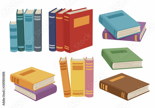 Illustration of Colorful Book Stacks and Standing Books Isolated on a White Background for Education and Literature Themes