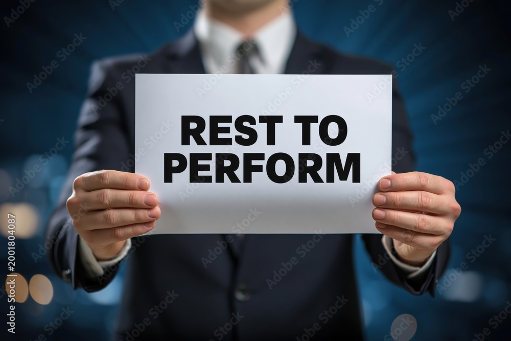Obraz premium Rest to Perform is the Message on a Sign Held by a Businessman