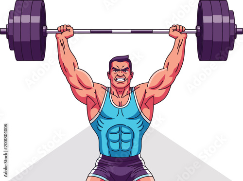 Strong weightlifter cartoon character, muscular man lifting heavy barbell, powerful fitness athlete vector illustration, intense workout and strength training graphic.