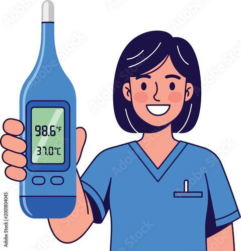Medical professional holding a digital thermometer, displaying normal body temperature 98.6°F and 37.0°C. Healthcare worker, nurse, or doctor illustration for health and wellness concepts.