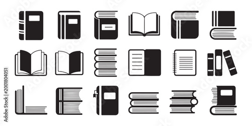 Set of black book icons for education or library themes featuring various closed and open textbook silhouettes.