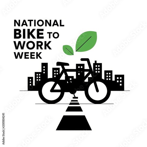 National Bike to Work Week graphic with city skyline, bike and leaves