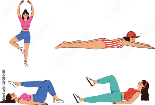 Set of women performing fitness exercises including stretching, core workouts and aerobics poses in flat style illustration for healthy lifestyle design